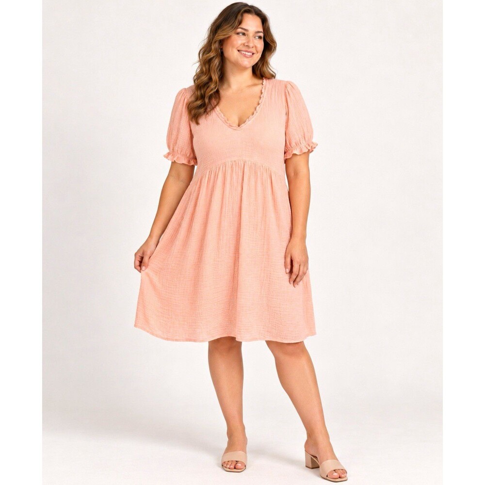 Copper Key Pink Solid A-Line V-Neck Puff Sleeve Knee Dress Ruffle Tie XL